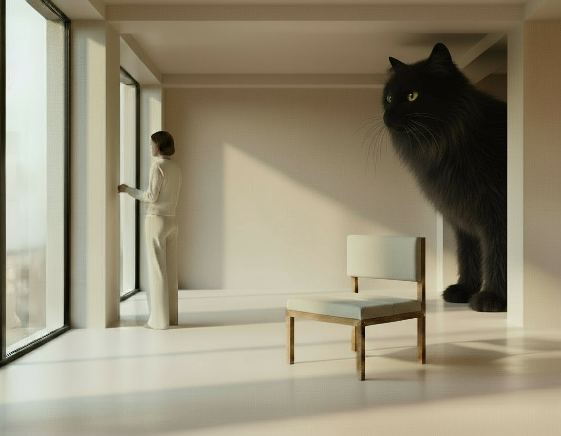 Person standing by a window with a large black cat in a minimalistic room.